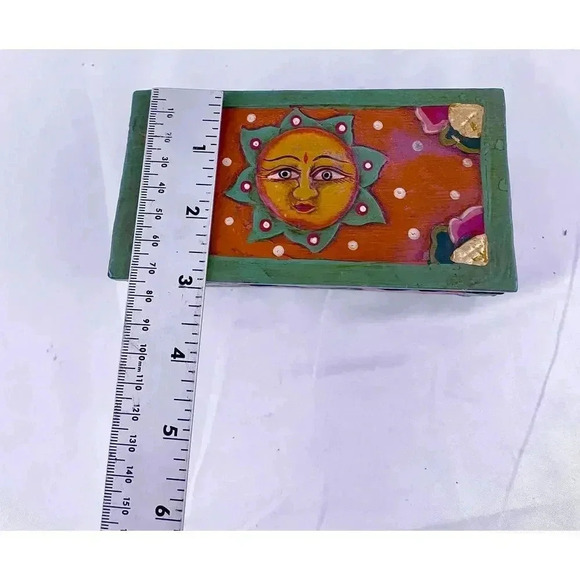 VTG Carved Hand Painted Wooden Box Sun Folk Art Design Green Orange Boho - Picture 10 of 12